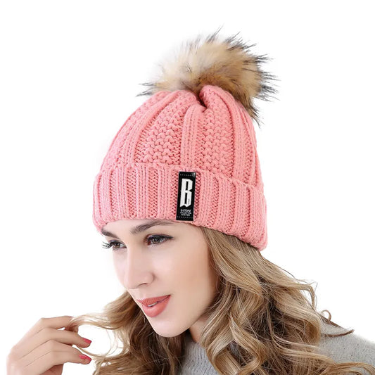 New Women High Quality Add Fur Lined Pompoms Winter Hat